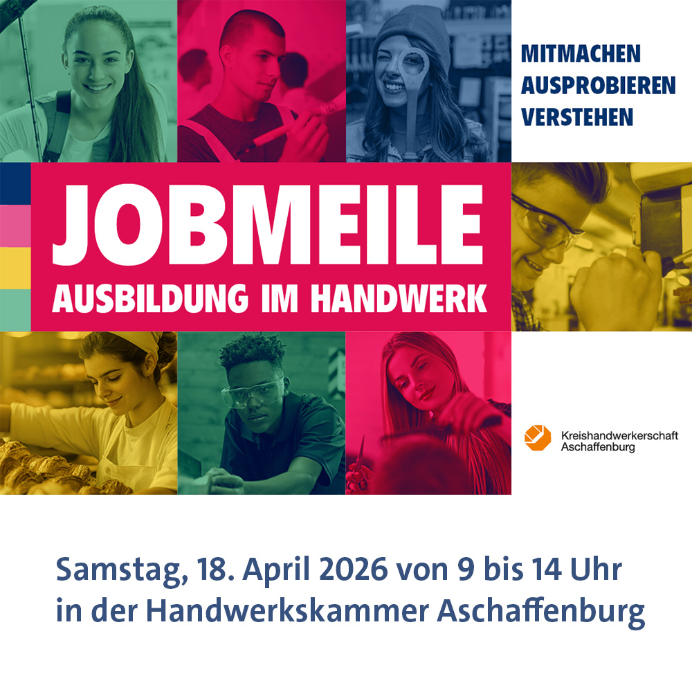 Vielfalt erleben und Zukunft gestalten.
Wann: 18.4.2026 — 09:00 - 14:00 Uhr
Wo: Rund um das Bildungszentrum Aschaffenburg der Handwerkskammer für Unterfranken im Hasenhägweg 65 – 71
Veranstalter*in: Kreishandwerkerschaft Aschaffenburg
Eine Anmeldung ist nicht erforderlich.