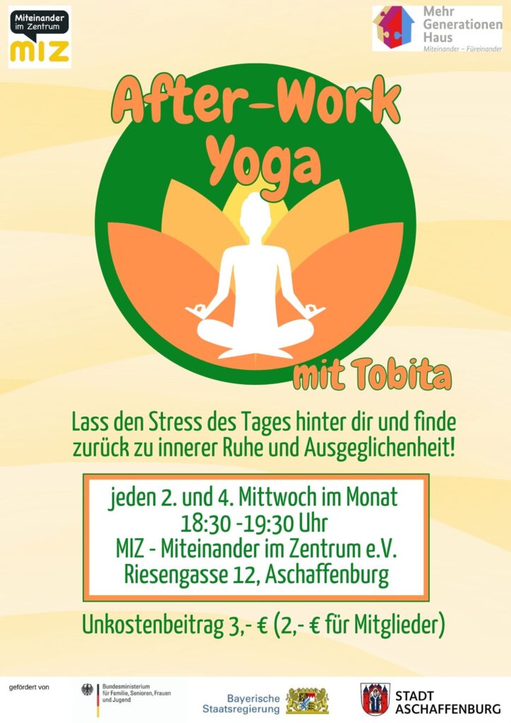 Wann: 22.4.2026 — 18:30 - 19:30 Uhr
Wo: MIZ – Miteinander im Zentrum e.V., Riesengasse 12, 63739 Aschaffenburg
Veranstalter*in: MIZ – Miteinander im Zentrum e.V.
Kosten: Unkostenbeitrag 3,- € (2,- € für Mitglieder)
Anmeldung nicht erforderlich